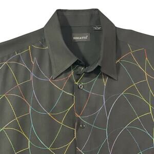 Riscatto Silk Button Up Shirt Men's L Black with Shiny Rainbow Thread Details